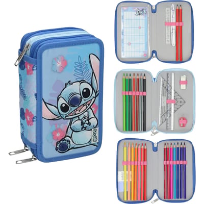 Lilo & Stitch Gevulde Etui - 3 Vaks Pennenetui - 29 delig - Blauw