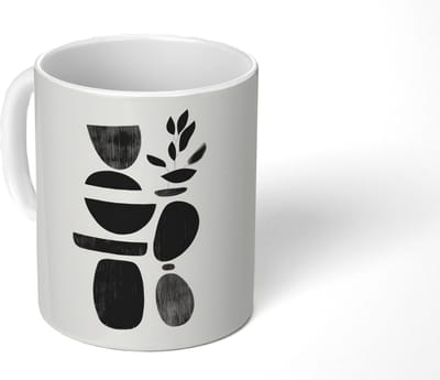 Mok - Koffiemok - Japandi - Zwart - Abstract - Mokken - 350 ML - Beker - Koffiemokken - Theemok