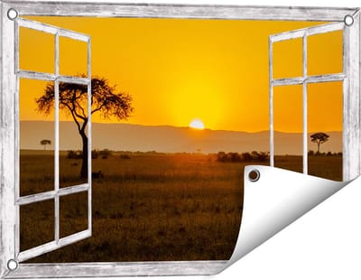 Gards Tuinposter Doorkijk Zonsopgang in de Savanne met een Boom - 60x40 cm - Tuindoek - Tuindecoratie - Wanddecoratie buiten - Tuinschilderij