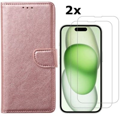 Hoesje Geschikt voor iPhone 15 hoesje bookcase met 2x screenprotector – Rosegoud