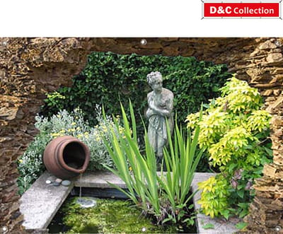 Tuinposter voor buiten - 130x95 cm - doorkijk poster- Gat in rots Vijver - met beeld en waterkruik- schuttingposter - muurposter - tuindoek - balkonposter - balkon decoratie