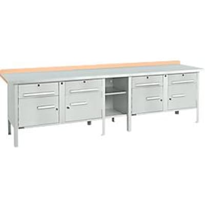 Box-type werkbank Schäfer Shop Select PWi 300-0, beuken multiplex blad, met stalen afdekking, tot 750 kg, B 3000 x D 700 x H 840 mm, lichtgrijs