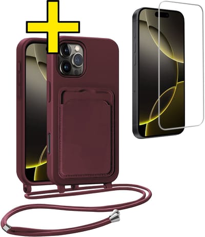 Hoesje Geschikt voor iPhone 16 Pro Telefoonhoesje Met Koord Case Pashouder Met Screenprotector Siliconen - Hoes Geschikt voor iPhone 16 Pro Hoesje Met Kaarthouder - Aubergine