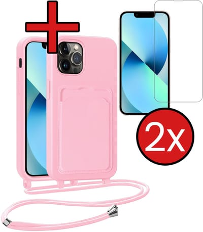 Hoesje Geschikt voor iPhone 13 Pro Max Hoesje Met Telefoonkoord en Pasjeshouder Met 2x Screenprotector Siliconen - Hoes Geschikt voor iPhone 13 Pro Max Hoesje Met Kaarthouder Case - Lichtroze