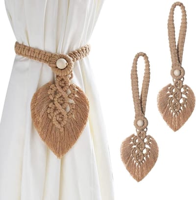 Set van 2 stijlvolle katoenen macramé gordijnhouders - Boho decoratie met veer clips - Gordijnklemmen voor gordijnen - Decoratie in bruine tinten
