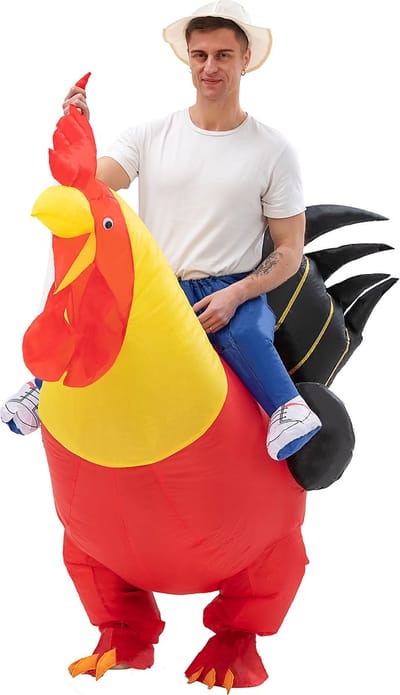 KIMU® Opblaas Kostuum Zittend op Haan Rood Geel - Opblaasbaar Pak - Hanenpak Mascotte Opblaaspak - Opblaasbare Kip Dames Heren Festival