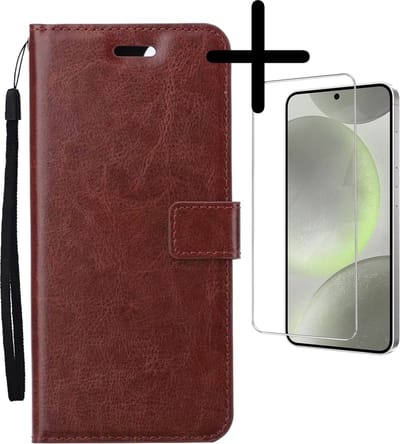 Hoesje Met Screenprotector - Geschikt voor Samsung Galaxy S24 - Luxe Pasjeshouder - Bookcase Portemonee - Flip Case - Kunstleer Book Case - Flipcase - Book Cover - Walletcase - Portemonneehoes - Bruin