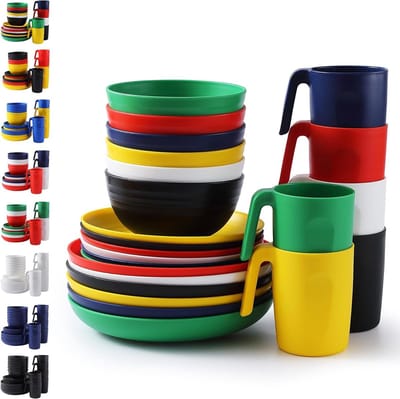 Plastic servies set - 24 stuks voor 6 personen, herbruikbare borden en kommen inclusief dinerborden, dessertborden, ontbijtkommen en kopjes voor thuis, tuin, picknick en camping