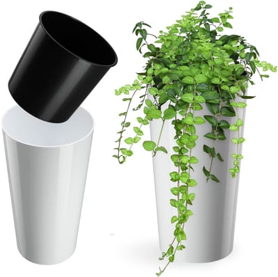KADAX Bloempot met houtspaanders, elegante bloempot met uitneembare inzet, bloempotbescherming voor kantoor, bloembak, pot, tuinschaal (wit, diameter 14 cm)
