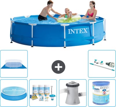 Intex Rond Frame Zwembad - 305 x 76 cm - Blauw - Inclusief Solarzeil - Onderhoudspakket - Zwembadfilterpomp - Filter - Grondzeil - Stofzuiger - 7-delig