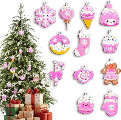 Kerstboomdecoraties in roze, 12-delig set met snoepmotief, mini versieringen voor thuis of openbare ruimtes