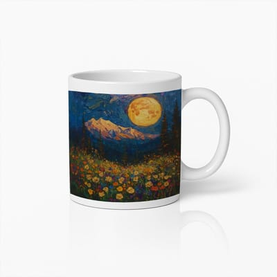 Artistieke Berg en Maan Mok - Prachtige Nachtlandschap Koffiebeker met Bloemenweide Ontwerp