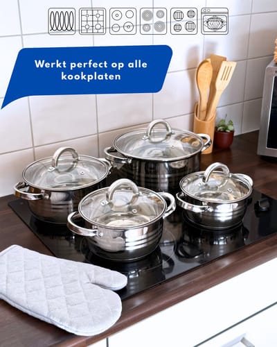 OZ HOME Bavary Pannenset 8-delig - 18/10 RVS - Inductiegeschikt - Stapelbaar - Glazen Deksels
