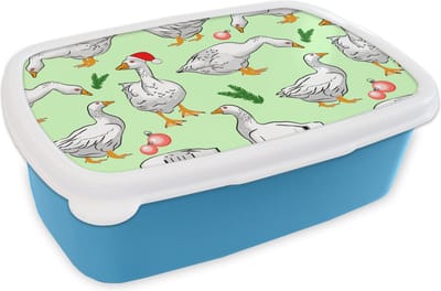 Broodtrommel Blauw - Lunchbox - Brooddoos - Gans - Kerstballen - Christmas - Patronen - 18x12x6 cm - Kinderen - Jongen