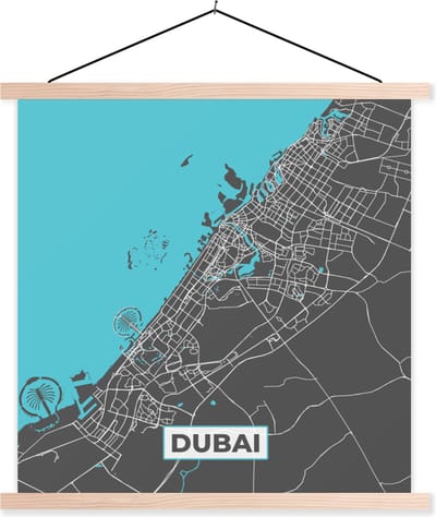 Posterhanger incl. Poster 40x40 cm - Schoolplaat - Dubai - Stadskaart - Blauw - Kaart - Plattegrond - Textielposter - Blanke latten - Stadskaart