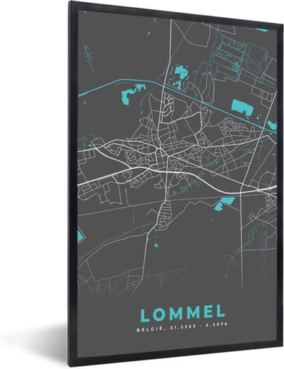 Fotolijst incl. Poster - België – Lommel – Stadskaart – Kaart – Blauw – Plattegrond - 40x60 cm - Posterlijst