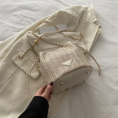 Textuur emmer tas nieuwe stijl tas dames ketting crossbody tas schattige hanger lade modieuze stro geweven tas Without pendant gray