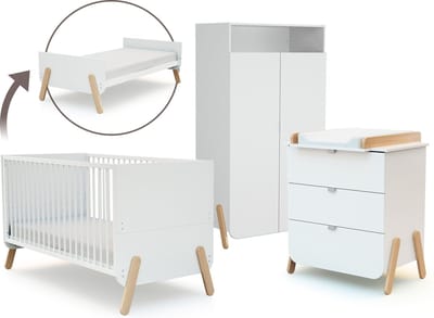 AT4 - Babyslaapkamer met bed, luiertafel en kledingkast PIRATE in hout Wit en Beuken