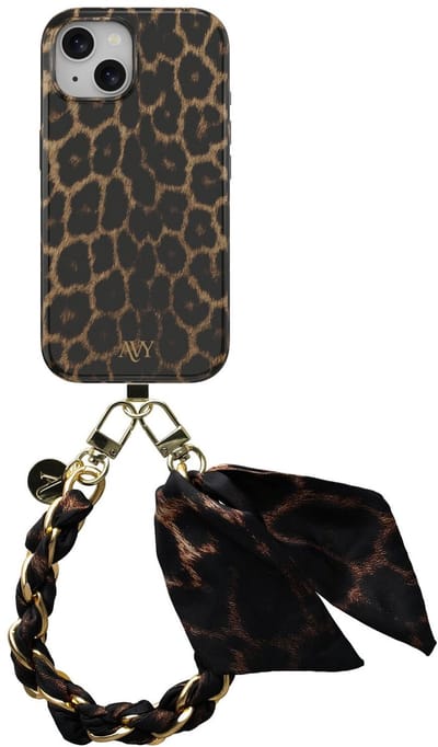 AVY Hoesje Met Telefoonkoord | Geschikt voor Apple iPhone 15 | Compatibel met MagSafe | Hard Shell Back Cover | Stijlvol Bijpassend Koord 32CM | Panthera Chic | Bruin
