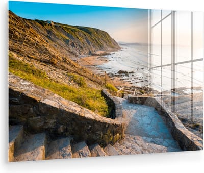 MuchoWow® Glasschilderij 60x40 cm - Schilderij acrylglas - Zee - Trap - Stenen - Foto op glas - Muurdecoratie woonkamer - Wanddecoratie slaapkamer - Schilderijen