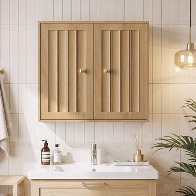 Pugsdrly Wandgemonteerde badkamerkast, medicijnkast met twee deuren en verticaal geribbeld ontwerp – Wandhangende opbergkast voor badkamers, toiletten en gangen (eiken)