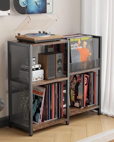 Platenspeler Meubel met Vinyl Opbergruimte – Platenkast voor 200+ LP’s – 3-Laags Opbergrek van Hout en Metaal – Zwart