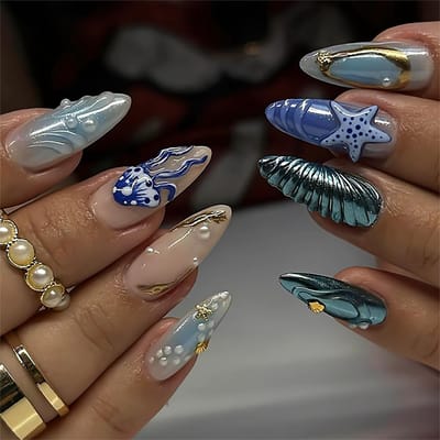 Cosensi- Kunstnagels 24 Stuks - Amandelvormige Plaknagels - 3D Oceaanglue Nagels - Bloemkunstnagels - Herbruikbare Kleeftabs - Milieuvriendelijk ABS Materiaal - Nepnagels