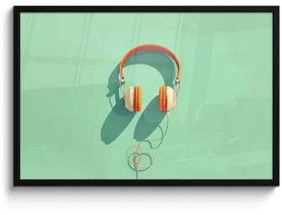 Poster in lijst - Fotolijst 90x60 cm - Posters - Koptelefoon - Oranje - Snoer - Minimalistisch - Posterlijst zwart - Decoratie - Wanddecoratie woonkamer - Muurdecoratie slaapkamer - Kerstversiering - Kerstdecoratie voor binnen - Kerstmis