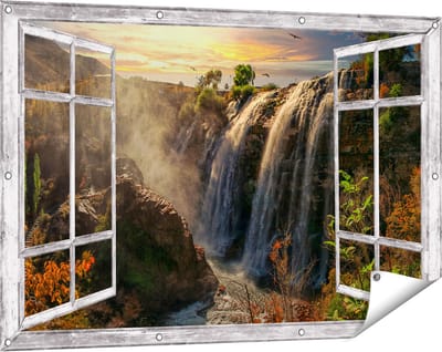 Gards Tuinposter Doorkijk Watervallen vanaf de Kliffen - 120x80 cm - Tuindoek - Tuindecoratie - Wanddecoratie buiten - Tuinschilderij