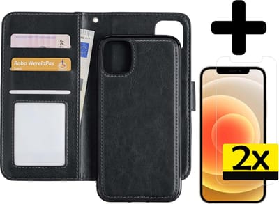 Hoesje - 2 in 1 - Geschikt voor Apple iPhone 12 - Met 2x Screenprotector - En Uitneembare Hard Cover - Bookcase - Wallet Case - Met Pasjeshouder - Book Case - Uitneembaar - Pashouder - Kunstleer - Telefoonhoesjes - Zwart