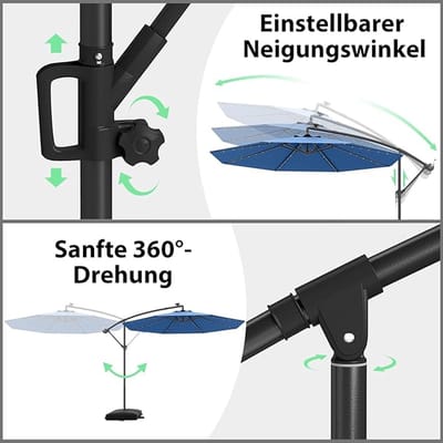 Zonne-energie Parasol 350 cm LED Verlichting, Rond, Kantelbaar, Windbestendig, Waterafstotend, UV-Bescherming UPF 50+, Zwengelparasol met Transporttas voor Tuin, Balkon en Terras – Afmetingen op aa...