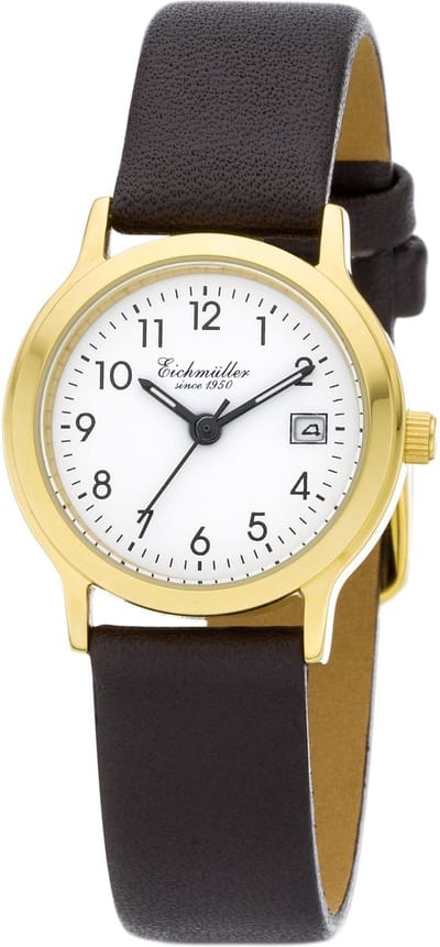 Eichmüller Klassiek Dameshorloge met Datum - Goud Edelstaal - Bruine Horlogeband - Witte Wijzerplaat - Quartz Uurwerk - 26 mm