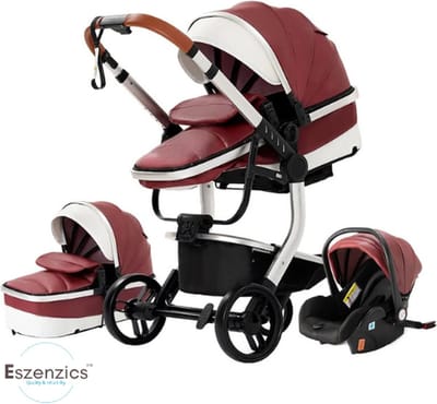 Eszenzics™ Luxe Kinderwagen 3-in-1 - incl. Autostoel - Multifunctionele 3-in-1 Buggy - 0-3 jaar - Rood - PU-leder bekleding - All-terrain