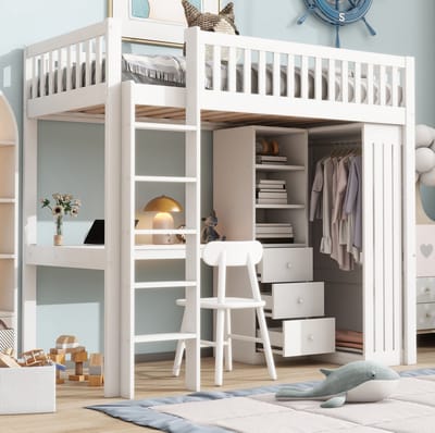 MEUNIQ Hoogslaper 90 x 200 cm met bureau, kledingkast, 3 lades, open opbergruimte, ladder en uitvalbeveiliging voor kinderkamer, wit