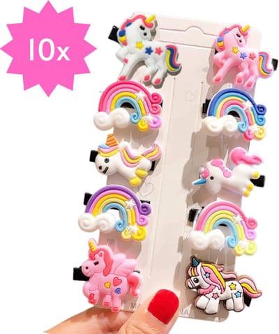 Haarclipjes voor Meisjes - 10 Haarspeldjes met Eenhoorns & Regenbogen - Fantasie Haar Accessoires