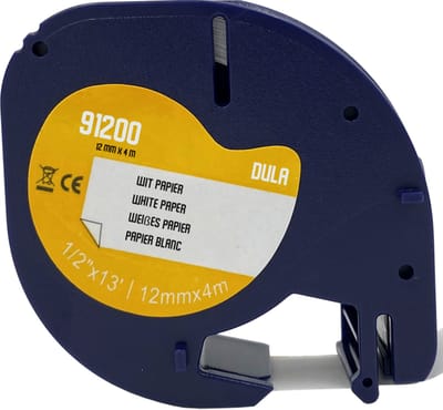 DULA - Dymo LetraTag 91200 - S0721510 - Label Tape - Zwart op Wit papier - 12mm x 4m - 1 Stuk