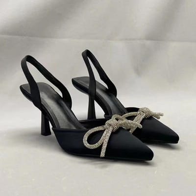 Escarpins Slingback Bleus pour Femmes Talons Hauts Nœud Papillon en Cristal Chaussures de Soirée Femme Sexy Bout Pointu Talons Stiletto Sandales Été 42 noir