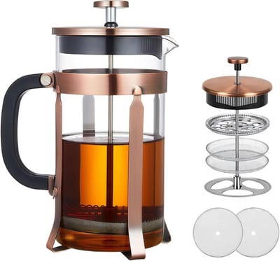Koffiezetapparaat French Press 1 Liter van roestvrij staal met 4 filters, borosilicaatglas, hittebestendig en BPA-vrij voor perfecte koffie en thee zetten