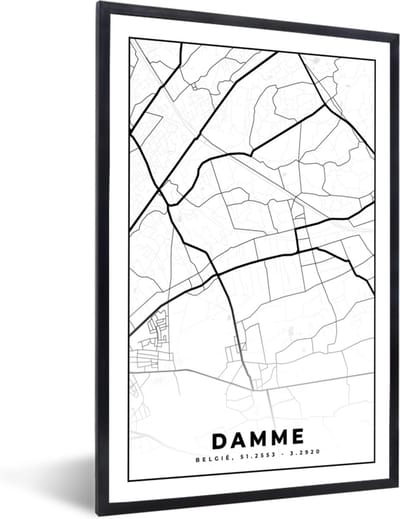 Fotolijst incl. Poster Zwart Wit- België – Damme – Stadskaart – Kaart – Zwart Wit – Plattegrond - 40x60 cm - Posterlijst