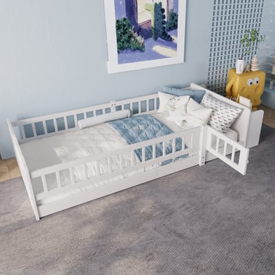 Kinderbed - 90 x 200 cm - Open opberging - Planken - Te openen behuizing - Zonder matras - Wit