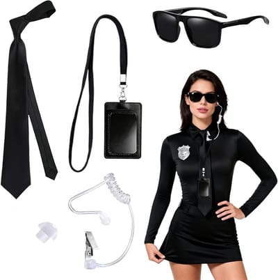 Agenten Kostuum Accessoires Set met Zonnebril, Oortelefoon en ID Kaarthouder voor Volwassenen en Kinderen - Perfect voor Carnaval en Cosplay