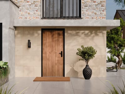 Vente-unique Massieve stalen voordeur H 207 x B 100 cm eikenhoutlook - 68 mm dik - linksdraaiend - AGUEDA