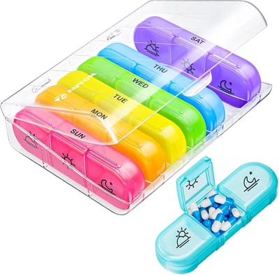 longziming -7 Dagen Pillenbox met 3 Vakjes – Dagelijkse Organisatie voor Vitamines, Visolie en Supplementen – Ideaal voor Ochtend, Middag en Avond – Kleurrijk Regenboogontwerp