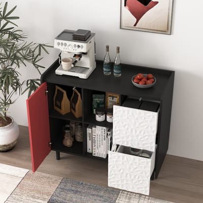 MODENUIT Dressoir - 2 Laden En Open Vakken Voor Keuken En Woonkamer - MDF Zwart En Rood - 90x40x80 Cm