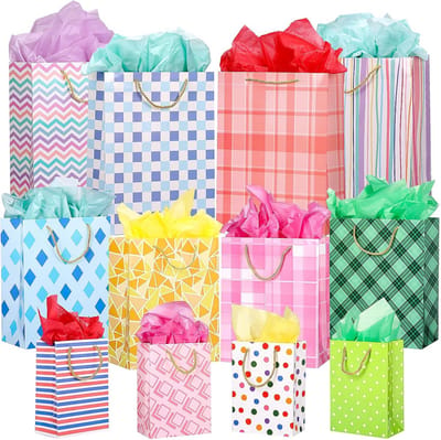 12 Papieren Geschenkzakjes Set met Tissuepapier - Cadeauzakken in 3 Maten (Medium, Groot, Extra Groot) voor Feestdagen en Gelegenheden