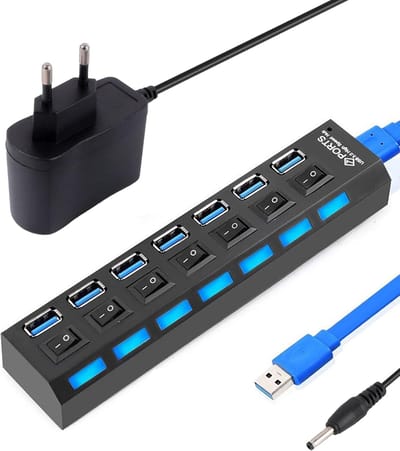 Draagbare USB Hub met 7 Poorten - 3.0 & 2.0 Dataoverdracht met LED-schakelaars