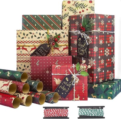 Kerstcadeau inpakpapier 8 vellen van 70 x 50 cm, gerecycled kraftpapier met 8 unieke ontwerpen en 2 rollen van 5 m touw voor feestelijke inpakprojecten