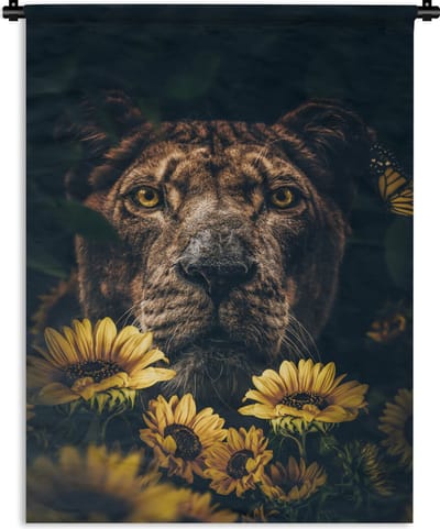 Wandkleed - Wanddoek - Leeuw - Bloemen - Dieren - Botanisch - 90x120 cm - Wandtapijt