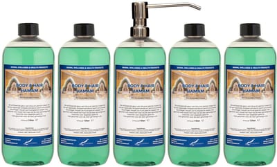 Body & Hair Hamam 1 liter met RVS zilverkleurige pomp - set van 5 stuks - 2 in 1 voor lichaam en haar - voordeelverpakking