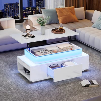 In hoogte verstelbare salontafel met verborgen opbergruimte en lade, 96*45*40 cm, hoogglans salontafel, LED-banktafel, geschikt voor kantoor, studeerkamer, feestjes, wit
